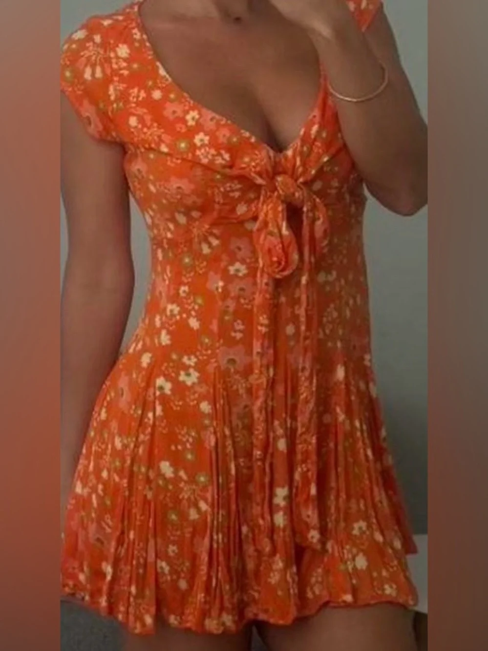 Free People Orange Floral Tie Mini Dress or Tunic, size small.